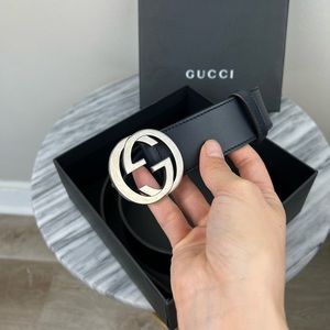 Gucci Interlocking G Logo Silver Buckle Black Leather Belt sz 90 / 36